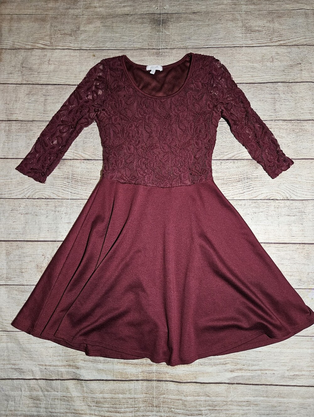 Delia's Y2K burgundy fit & flare floral lace silhouette 3/4 sleeve skater dress